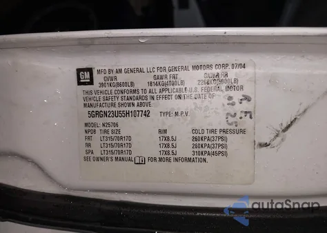 2005 Hummer H2 Suv z USA, uszkodzony, nr VIN 5GRGN23U55H107742